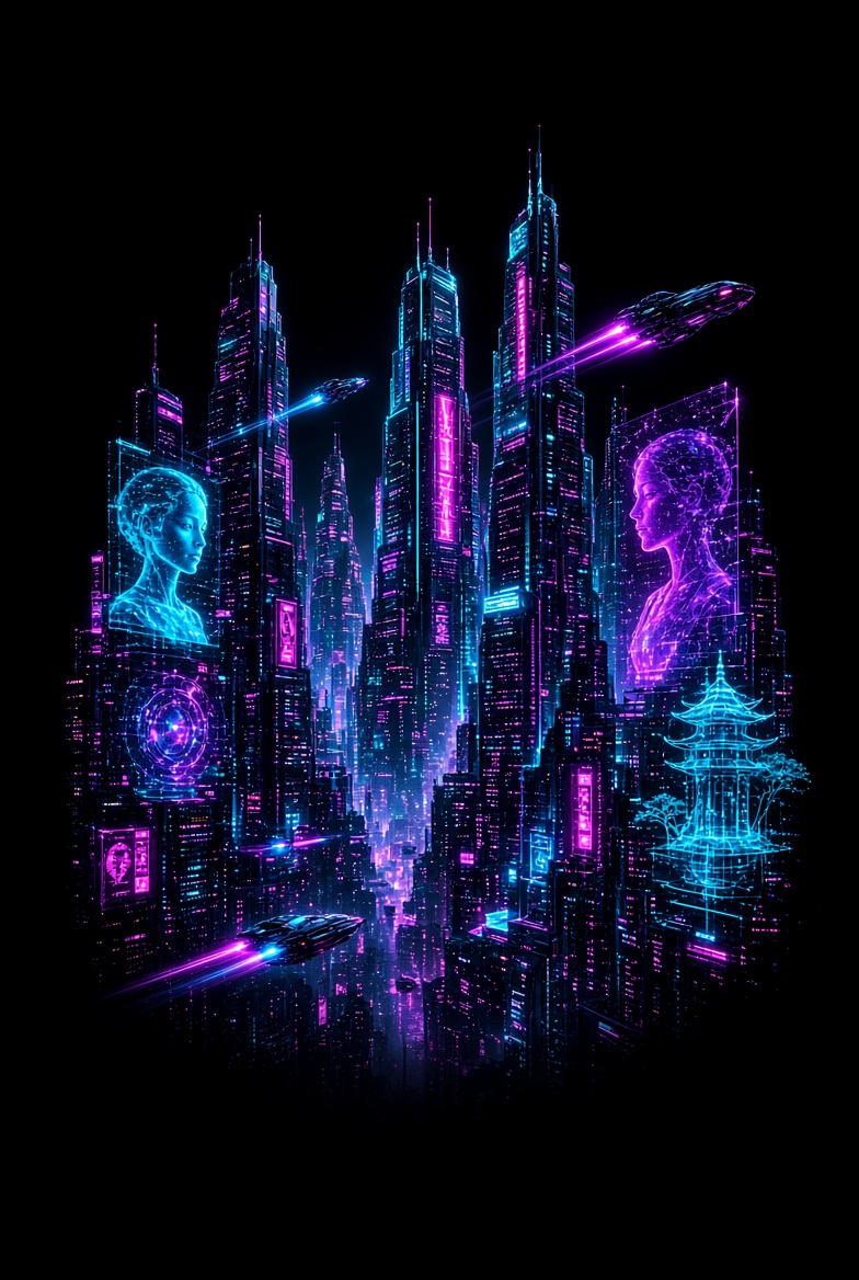 Neon pink and cyan cyberpunk city skyline